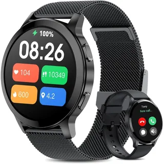 Herren Damen mit Telefonfunktion, 1.5" Fitnessuhr Armbanduhren Sportuhr mit Pulsmesser, Musiksteuerung, Schrittzähler, Wasserdicht Fitness Tracker - Schwarz