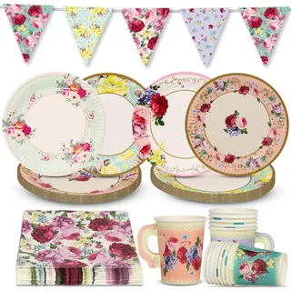 Talking Tables Geschirr-Set mit Blumenmuster und Vintage-Dekoration für 16 Gäste, Pappteller und Servietten, Tassen, Wimpelkette, Tischdecke, für Geburtstag, Muttertag, Babyparty, Bridgerton, Teeparty