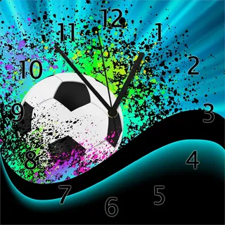 Wallario Design Wanduhr Fußball - Design Wellen und Regenbogen in blau aus Echtglas, Größe 30 x 30 cm - Schwarz