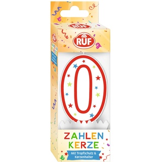 RUF Zahlenkerze Nummer 0, rote Geburtstags-Kerze mit bunten Sternchen, hochwertige Jubiläums-Kerze mit Tropfschutz, ideal als Kuchen Deko, 1 Stück