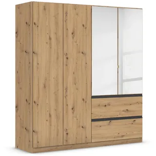 Rauch Möbel Costa, Drehtürenschrank, Kleiderschrank, 4-türig, 2 Spiegeltüren, 2 Schubkästen, Eiche Artisan, Holz, Push-to-Open, Griffprofil grau-metallic, 181x197x54 cm