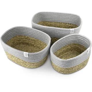 NORDIS DESIGN Aufbewahrungskörbe 3er Set aus Wasserhyazinthe und Baumwolle, Bad Aufbewahrungskorb geflochten als Korbset zur Badezimmer Aufbewahrung & Bad Organisation grau