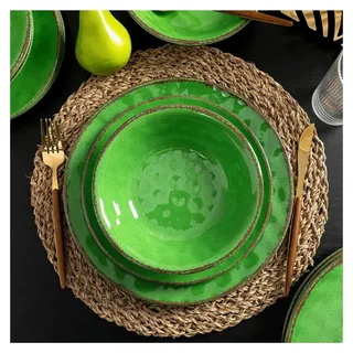 Vintage Crackle Melamin-Geschirr-Set, 12-teilig, Teller und Schüsseln, ideal für Camping und Wohnmobile, langlebiges und splitterfestes Geschirr-Set für 4 Personen (grün)
