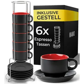 MIAMIO - 6 x 75 ml Espressotassen Set/Espresso Tassen Set mit Untertasse & Ständer - Kaffeetassen Set 6er Kaffeebecher Keramik - Le Papillon Kollektion (Rot)
