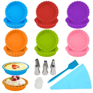 12 Stück Klein Silikon Tarteform, 11 cm Mini Tartelette Förmchen mit Spritzbeutel, Spritztüllen und Silikonpinsel, Quicheform Klein Obstbodenform