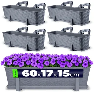 KADAX Blumenkasten 60 cm 4er Set Balkonkasten ca. 48L – Kunststoff Pflanzkasten für Balkon & Garten, Graphit, Wetterfest & Stabil, Ideal für Blumen & Kräuter