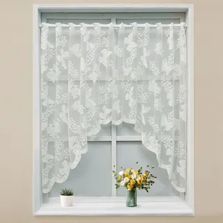 KnBoB Scheibengardine Spitze(100x180cm) – Schmetterlinge Kurzgardine, Halbtransparent Stickerei Voile, Mit Ösen, Polyester, Weiß – Für Tür/Küche/Wohnzimmer