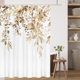 Tititex Hellbrauner Eukalyptus-Duschvorhang-Set, Aquarell, hellbraune Blätter auf der Oberseite, Pflanze mit Blumenmuster, Badezimmer-Dekoration, 183 x 213 cm, mit Haken