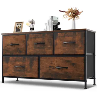 DUMOS Kommode mit Schubladen - Kommoden & Sideboards für Schlafzimmer Geeignet, Komodenschrank mit 5 Schubladen, Stoffkommode mit Stabilem Stahlrahmen, Ideal für Schlafzimmer, Wohnzimmer(Vintagebraun)