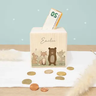 Spardose Personalisiert mit Namen aus Holz - 10x10cm Holzspardose - Geschenk zur Geburt, Geburtstag, Einschulung, Taufe - Sparschwein Aquarell Motiv für Jungen & Mädchen hellomini (Wald)
