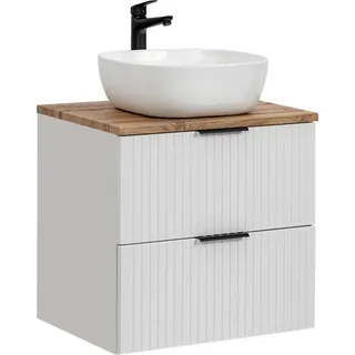 Badmöbel Waschtisch Unterschrank Set 60 cm matt weiß mit Wotaneiche, 2 Softclose Schubkästen, 42 cm Keramik-Waschbecken, B/H/T 60,6/74,2/46,5 cm - Weiß