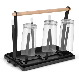 Flaschenhalter für Sodastream, 6-Er Abtropfgestell Flaschen mit Holzgriff und Abtropfschale Flaschenabtropfgestell, Schwarz Abtropfständer für Flaschen/Tassen/Kaffeebecher