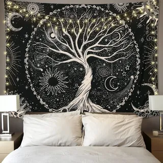 Betylifoy Baum des Lebens Tapisserie Mond und Sonne Schwarzer Wandbehang | Psychedelisches Mandala Sternenhimmel Wandteppich Hippie Schlafzimmer (148x200cm)