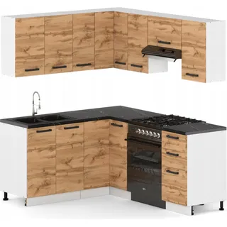 Küchenzeile Küchenblock moderne Küchenmöbel-Set Eckküche Eiche Wotan - Grau, Weiß