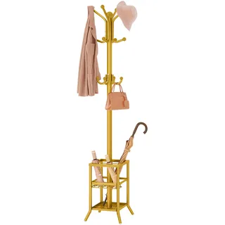 FAVOOSTY Garderobenständer mit Schirmständer, Kleiderständer mit 12 Hooks, Jackenständer Stehend, Coat Rack, Garderobe ständer für Wohnzimmer, Schlafzimmer Weiß (Gold)