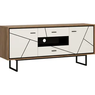 TV Lowboard BRISTOL-129 in Catania Eiche Nb. mit schwarz und weiß Hochglanz, B/H/T: ca. 167/74,5/40 cm - Braun