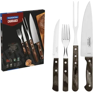 Tramontina Grillbesteck Set, 14-teilig, Edelstahl, Grillset mit Steakbesteck, Tranchiergabel und Tranchiermesser, FSC