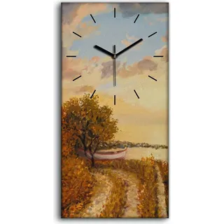 Dekor Leinwand Uhr Wandbilder 30x60 Gemälde See Schiff Weg Baum Wolken Himmel - schwarze Hände - Schwarz