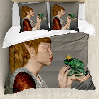 ABAKUHAUS Fantasie Bettbezug, Prinzessin Kissing Frog, Milbensicher Allergiker geeignet mit Kissenbezügen, 200 cm x 200 cm - 80 x 80 cm, Mehrfarbig