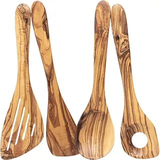 Erreke Küchenutensilien aus natürlichem Olivenholz, 4er-Set, Utensilien-Set | Schneidebrett Holz. Holzlöffel. Küchenspatel. Handgefertigt. Mediterraner Stil. Für Käse Wurst Fleisch Brot