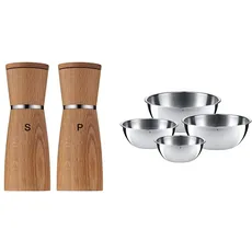 WMF Ceramill Nature Salz und Pfeffermühle-Set 2-teilig, 17,9 cm, unbefüllt, Holz Keramikmahlwerk, Mühle für Salz, Pfeffer, Chillischoten & Gourmet Schüsselset 4-teilig, Edelstahl Schüsseln