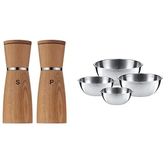 WMF Ceramill Nature Salz und Pfeffermühle-Set 2-teilig, 17,9 cm, unbefüllt, Holz Keramikmahlwerk, Mühle für Salz, Pfeffer, Chillischoten & Gourmet Schüsselset 4-teilig, Edelstahl Schüsseln