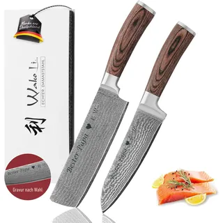 Wakoli Edib 2er Damastmesser Set mit Gravur – Personalisiertes Messer-Set, Santoku & Nakiri (17/17,5 cm), 67 Lagen Damaststahl (VG10-Kern), Pakkaholzgriff, Geschenkbox