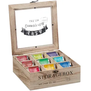 Relaxdays à thé Bois 9 Fächer, Holz, Teekiste mit Sichtfenster, Teebeutel, Kaffeepads, Gewürze, HBT: 9 x 24 x 25 cm, Natur,
