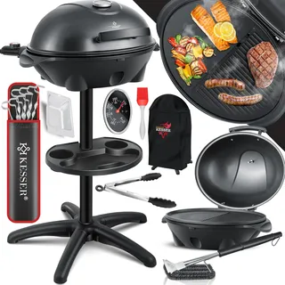KESSER® elektrischer Elektrogrill 2in1 Tischgrill-Standgrill mit Deckel Standfuß, max. 2400 Watt Thermometer, Antihaftbeschichtung XXL Grillplatte, Ablagefläche Elektro-Säulengrill, Inkl. Grill- Set