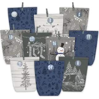 Adventskalender zum Befüllen - 24 Weihnachtskalender Papiertüten mit Aufklebern - DIY Geschenktüten - Blau Grau Grün