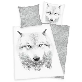 Flanell Bettwäsche Set mit Wolf 155 x 220 cm 80 x 80 cm Übergröße