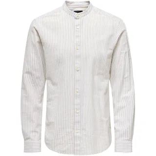ONLY&SONS Herren Leichtes Leinen Hemd Langarm Slim Fit Oberteil gestreiftes Basic Shirt, Farben:Beige, Größe Hemd:L