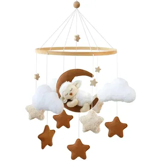 Tier Lämmer Mobile Baby Hölz Babybett Lämmer Mond Mobile Baby Windspiel mit Filzbällen Wolke und Stern Babyzimmer Mobile Baby Neugeborene Jungen Mädchen Anhänger