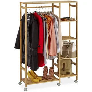 Relaxdays Rollgarderobe Bambus, mobiler Kleiderständer, 6 Ablagen, offen, Garderobenstange, HBT 136,5 x 32 x 11cm, natur