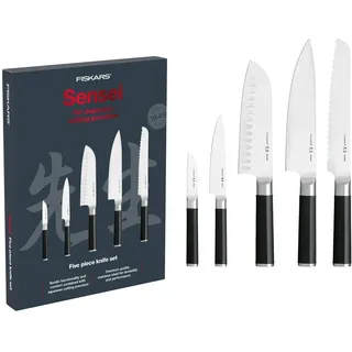 Fiskars Messer-Set, Sensei, 5-teilig, Kochmesser, Brotmesser, Santoku-Messer, Gemüsemesser, Schälmesser, Rostfreier Stahl mit hohem Kohlenstoffgehalt/Kunststoff, 1025845