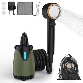 Campingdusche mit Akku 8000mAh Mobile Dusche IPX8 Wasserdicht,5 Wasserstufen,4 Strahlarten LED-Display Camping Dusche mit Pumpe Solar Camping Zubehör Tragbare Dusche für Wohnmobil, Hund, Strand