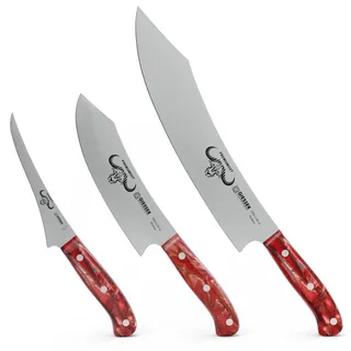 Giesser seit 1776 - Made in Germany - Messerset 3 teilig, Red Diamond, PremiumCut, Kochmesser 20 cm, Barbecue 30 cm, Filiermesser 17 cm, Acryl, rot, rostfrei, Grillmesserset
