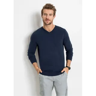 Strickpullover BONPRIX "Feinstrickpullover in Regular Fit", Herren, Gr. 44/46 (S), blau (dunkelblau), Strick, Obermaterial: 70% Baumwolle, 30% Polyamid, unifarben, regular fit hüftlang, V-Ausschnitt, Strickbündchen, Pullover Strickpullover, aus Feinstrickmaterial, mit V-Ausschnitt, Regular Fit