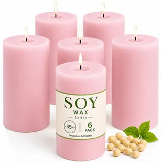 6 Stück Soja-Stumpenkerzen, 210 Stunden Rosa Geruchlos Stumpenkerzen, Natürliche Sojabohnenkerze für Zuhause, Hochzeit, rauchfrei und tropffrei, Party, Spas, Abendessen, 5 x 10cm