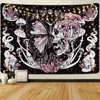 Yrendenge Wandteppich, Motiv: Totenkopf, Schmetterling, Hippie-Pilz, ästhetischer Motten-Tapisserie, Mond und Sterne, Raumdekoration für Schlafzimmer, Wohnzimmer, Uni, 210 x 150 cm