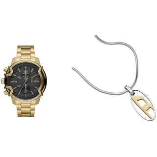 Diesel Herren Griffed Goldfarbene Edelstahl Uhr und Silberfarbene Halskette, Set