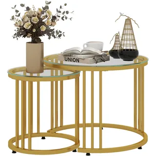 Homcom Couchtisch 2er-Set, Stapelbar Beistelltisch mit Stahlgestell, Kaffeetisch, Gold , Metall , 60x47x60 cm , Wohnzimmer, Wohnzimmertische, Couchtische