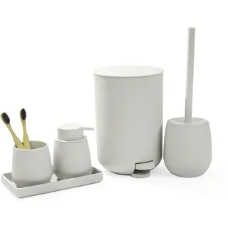 GAHEFY Badset Badezimmer Zubehör Set Beige, Badausstattung Sets Deko, 5 Teiliges Bad Set - Seifenspender Zahnbürstenhalter Schminktablett Klobürste und Mülleimer Set für Bad (Beige)