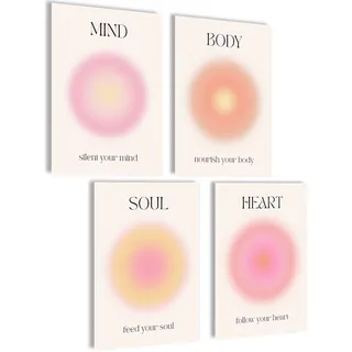 Boho Bilder Set Poster Deko Dekoration Abstrakte Aesthetic Bilderset Yoga Wandbilder Wohnzimmer Blumen (Set Aura Soul Heart Mind Body, Posterset 4x A4 (21x30cm) | ohne Rahmen