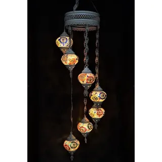 Hanglamp aus Glas mit buntem Mosaik in Braun, Schwarz und Weiß, 7-flammige orientalische Kronleuchter, handgefertigt in der Türkei - Bunt
