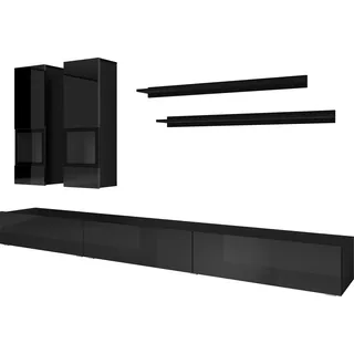 Furniture24 Wohnwand Athens 10 - 5-türiger Wohnzimmerschrank mit 6 Einlegeböden, Schwarz/Schwarz Hochglanz, Moderner Stil, Laminatplatte - Schwarz