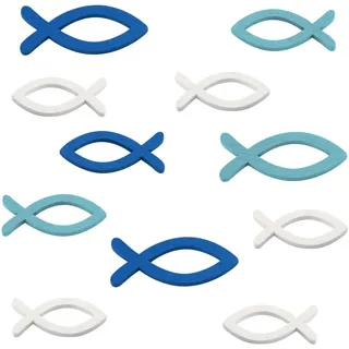 FEPITO 54 Stücke Holz Fische Streudeko Taufe Junge Tischdeko Konfirmation - Blau und Weiß