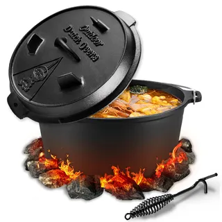 NSIRONS Dutch Oven, Dutch Oven Set 9 liter, Eingebrannter Feuertopf mit Deckelheber, 2in1 Gusseisen Topf mit Doppelfunktions-Deckel, Für Outdoor and Indoor, Schwarz