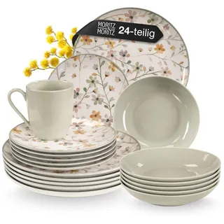 Moritz & Moritz PRIMAVERA Steingut Geschirrset 6 Personen 24-tlg. - Modernes Tafelservice mit verspieltem Design, Pflegeleichtes Kaffeeservice mit Teller Set, Schüsseln & Tassen - Kombiservice