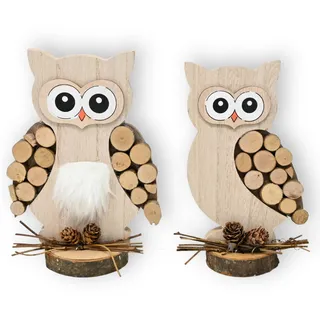 damaloo Eulenfiguren 2er Set aus Holz – Rustikale Tier Deko für Wohnzimmer, Regal, Fensterbank oder Tisch – Natur Dekofiguren mit Zapfen und Zweigen – 18 x 12 cm